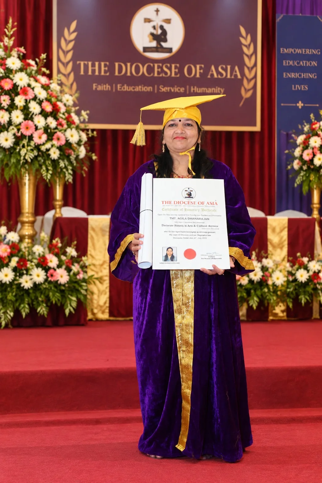 Dr. Agila Dhanarajan receiving her honorary doctorate from The Diocese of Asia